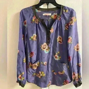 Rebecca Taylor 100% silk 1/4 button‎ up pop over blouse. A bit oversized Sz 2